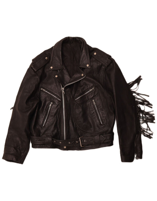 VINTAGE Chaqueta biker de cuero para mujer Reino Unido 14 Cuero negro mediano