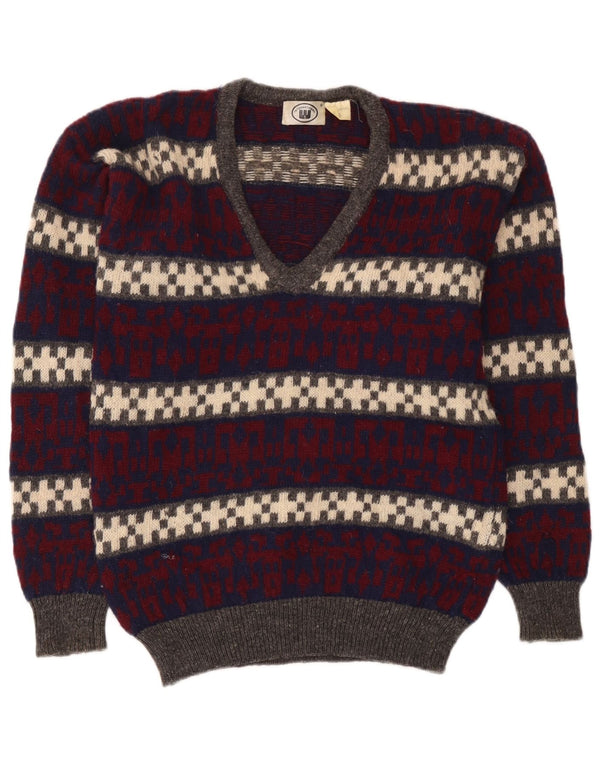 Vintage hombres V-cuello jumper suéter medio multicolor lana geométrica