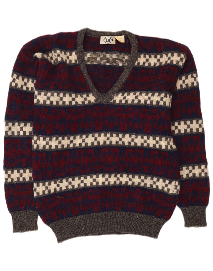 Vintage hombres V-cuello jumper suéter medio multicolor lana geométrica