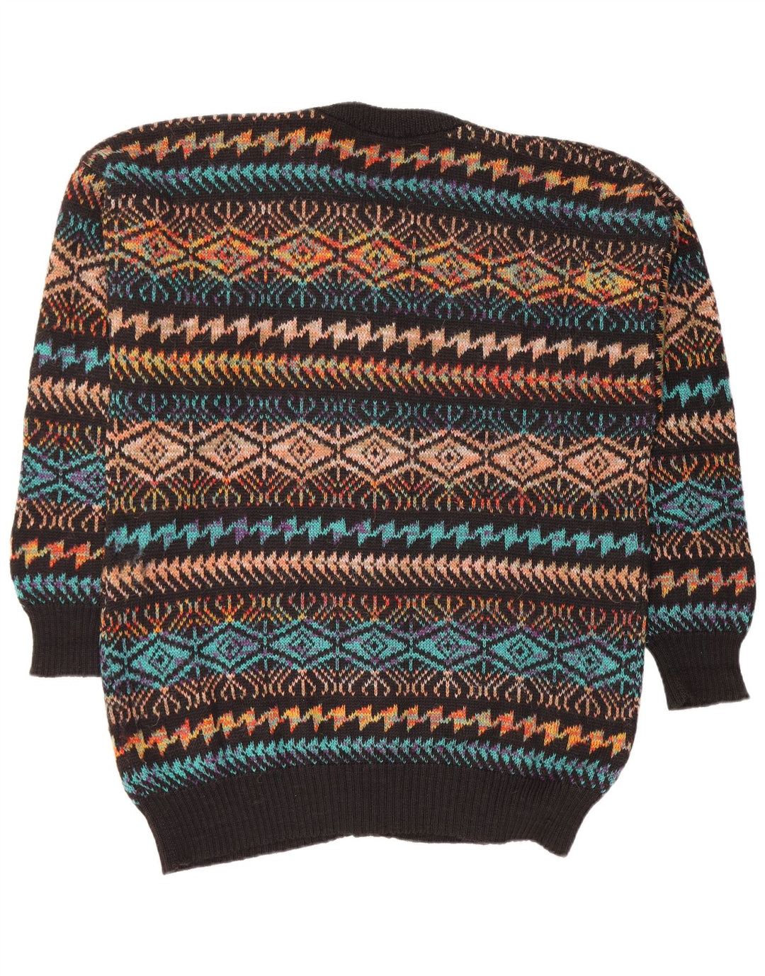 VINTAGE Hombres Cardigan Suéter Grande Negro Geométrico