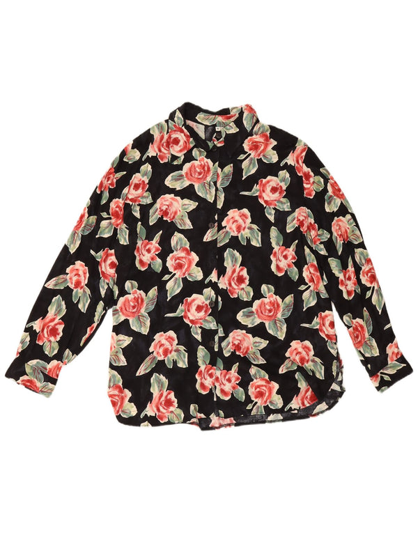 Vintage mujer camisa blusa EU 46 XL negro floral viscosa