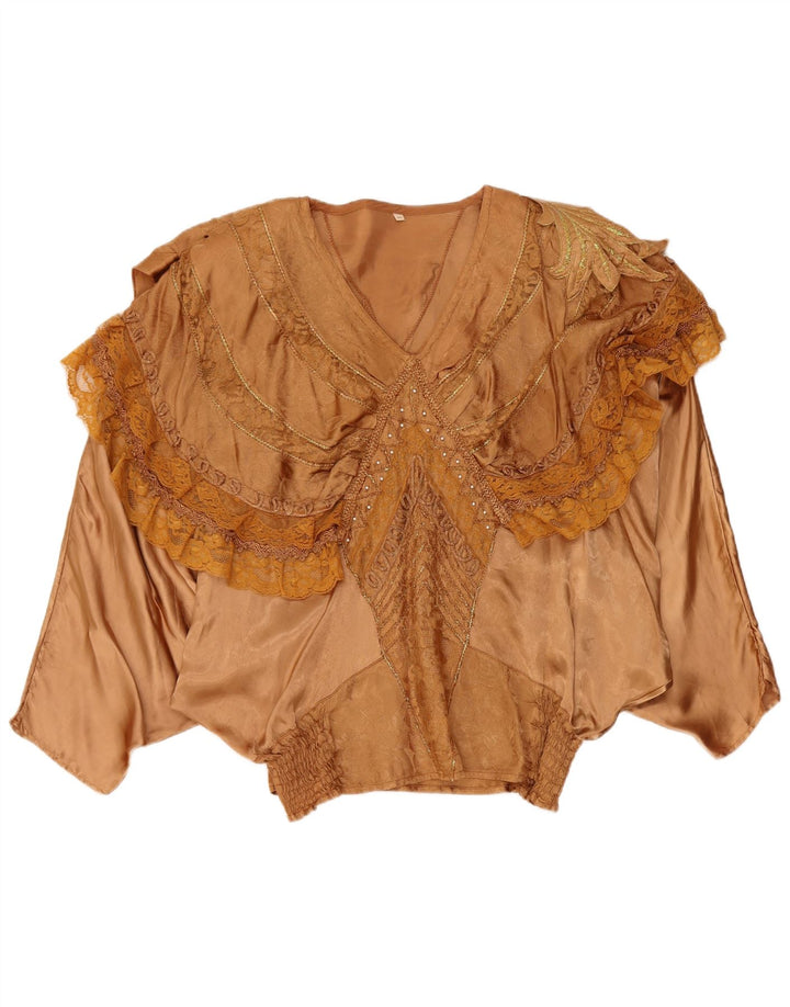 Vintage mujer volante delantero Batwing blusa Top EU 40/42 Viscosa marrón grande