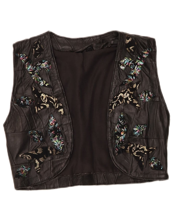 VINTAGE Womens Leather Waistcoat EU 36 Small Black Patchwork Leather