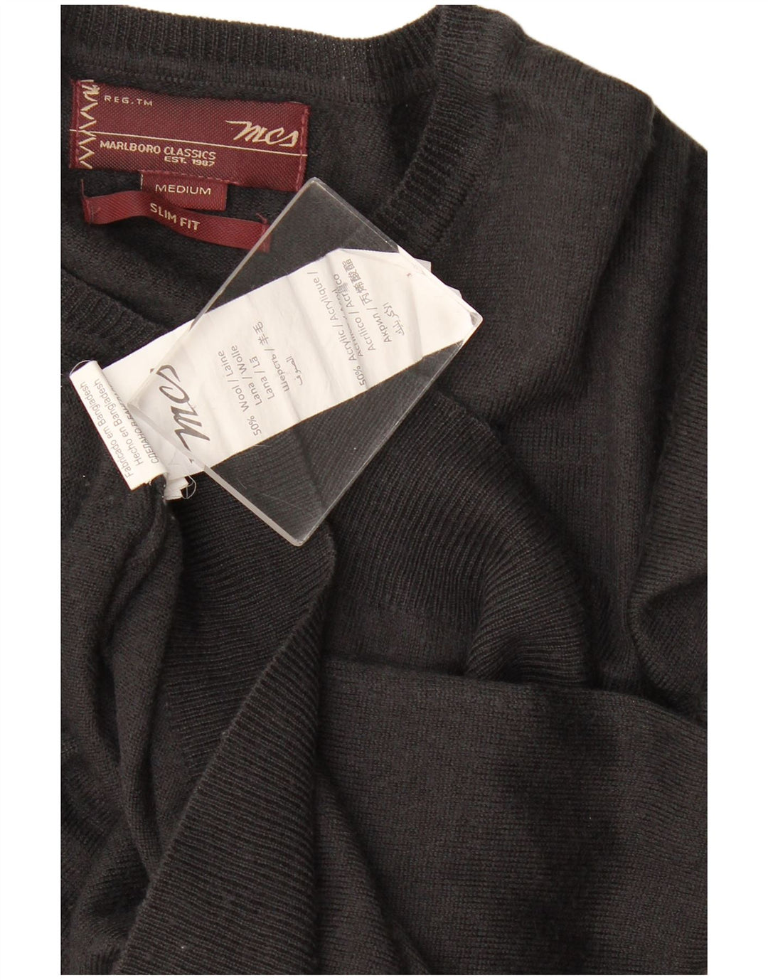 Marlboro Classics Jersey Slim Fit con Cuello en V para Hombre Lana Negra Mediana