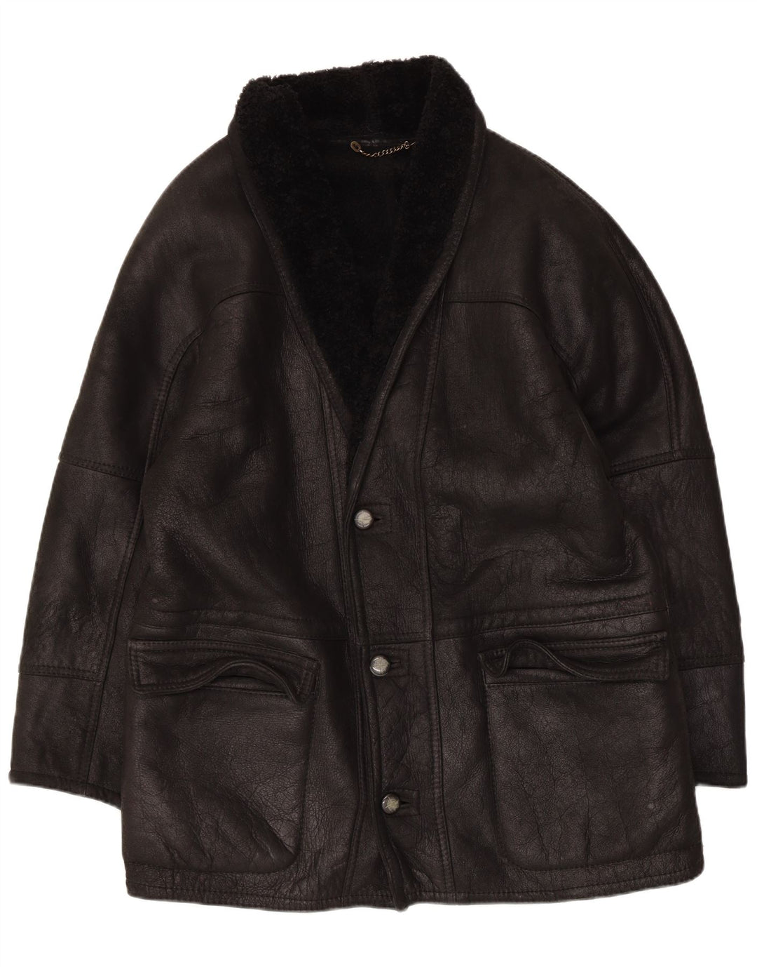 Vintage hombres shearling chaqueta IT 50 cuero negro grande