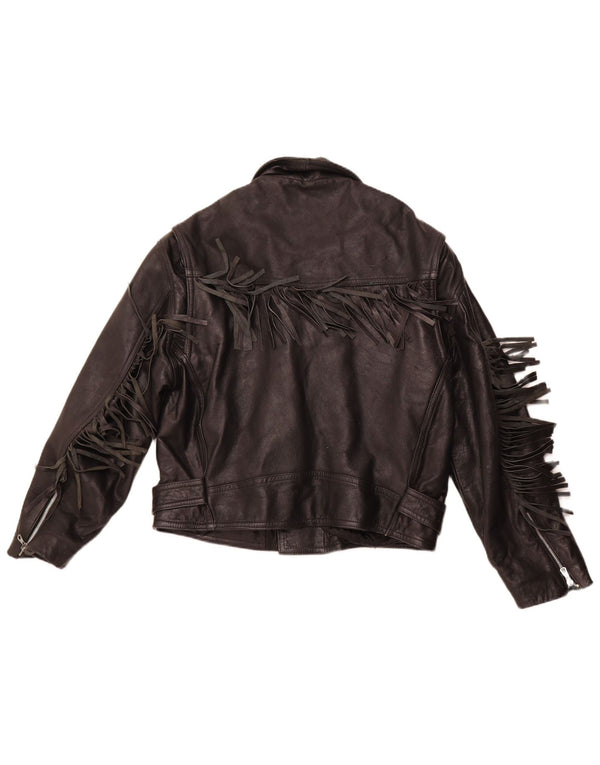 VINTAGE Chaqueta biker de cuero para mujer Reino Unido 14 Cuero negro mediano