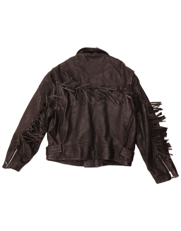 VINTAGE Chaqueta biker de cuero para mujer Reino Unido 14 Cuero negro mediano