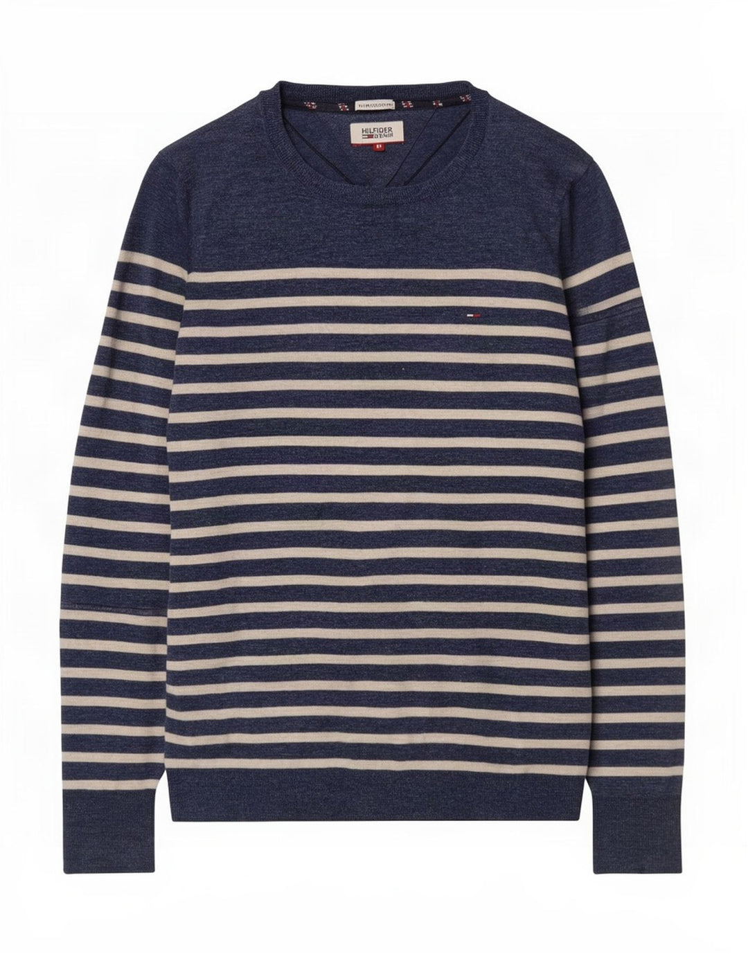 Tommy Hilfiger Jersey con Cuello Barco para Hombre, Jersey de Rayas Azul Marino Mediano