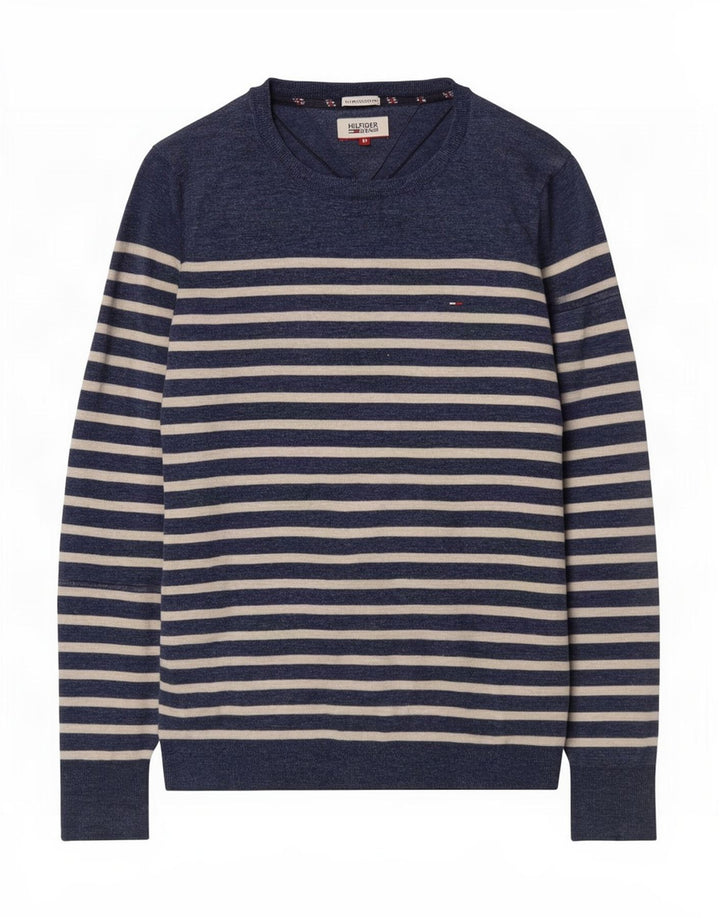 Tommy Hilfiger Jersey con Cuello Barco para Hombre, Jersey de Rayas Azul Marino Mediano