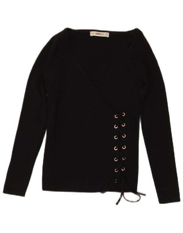 ZARA Jersey con cuello en V y manga 3/4 para mujer UK 40 Small Viscosa negra