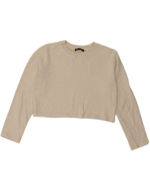Zara Mujer Crop Oversize Top Manga Larga UK 10 Small Beige Algodón