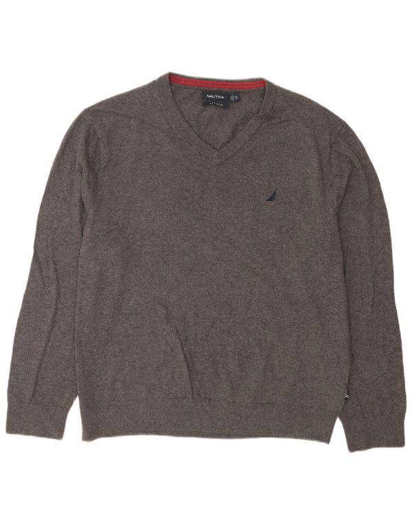 Nautica Mens Navtech V-Neck Jumper Sweater XL Grey Cotton
