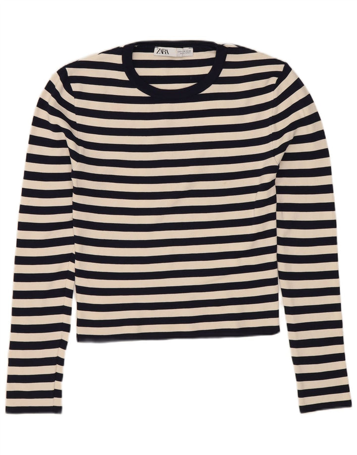 ZARA Mujer Crop Top Manga Larga UK 40 Mediano Poliamida A Rayas Azul Marino