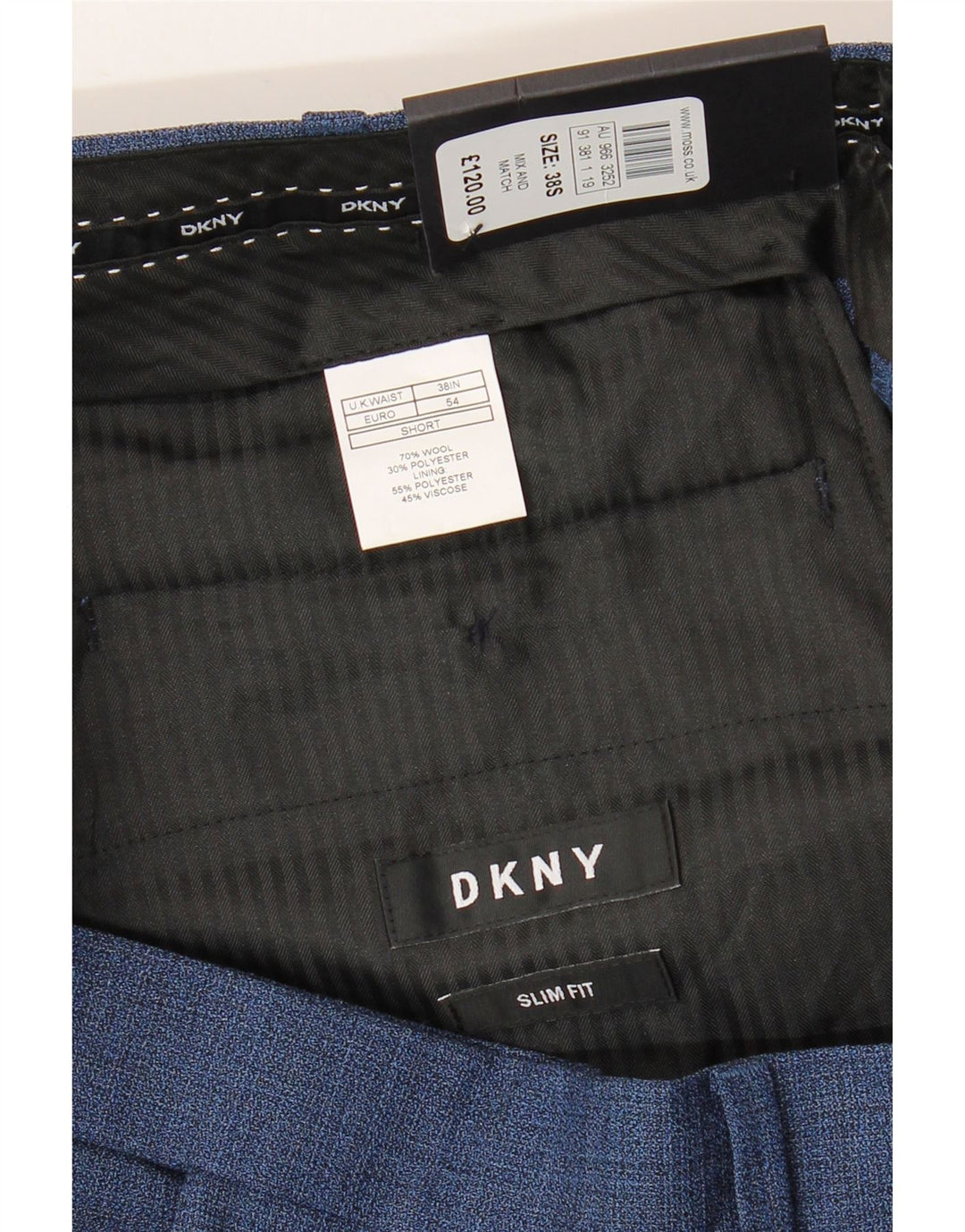 DKNY Pantalón de traje ajustado para hombre W38 L29 Lana azul