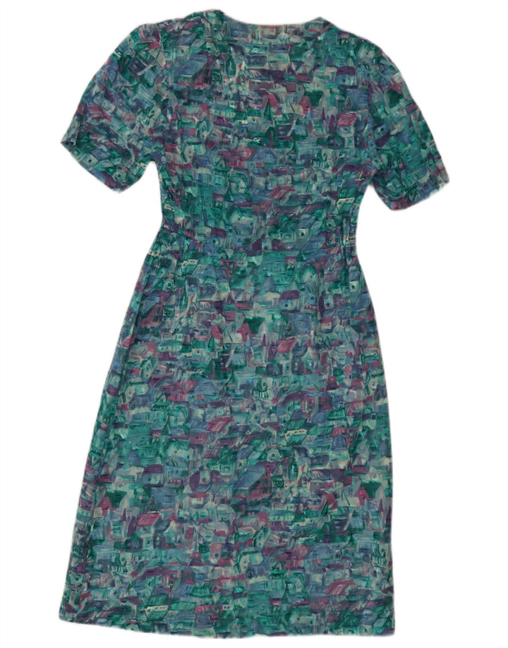 Vintage mujer patrón abstracto A-Line vestido Reino Unido 12 azul medio