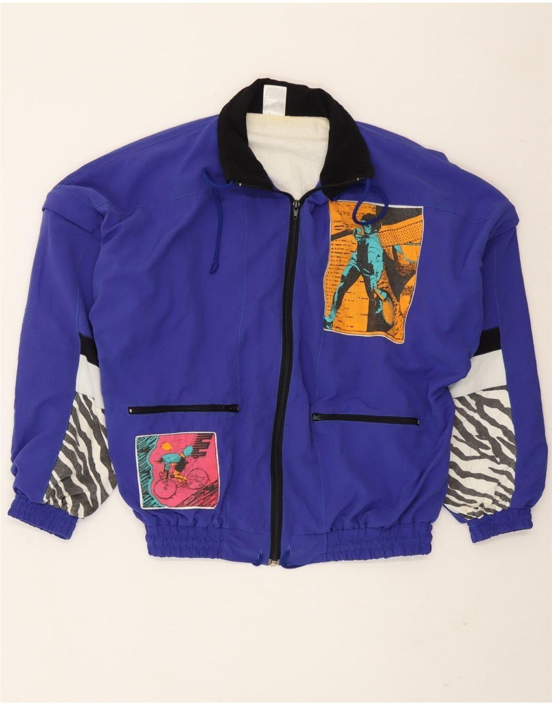 Vintage hombres gráfico chándal top chaqueta medio azul patchwork poliamida