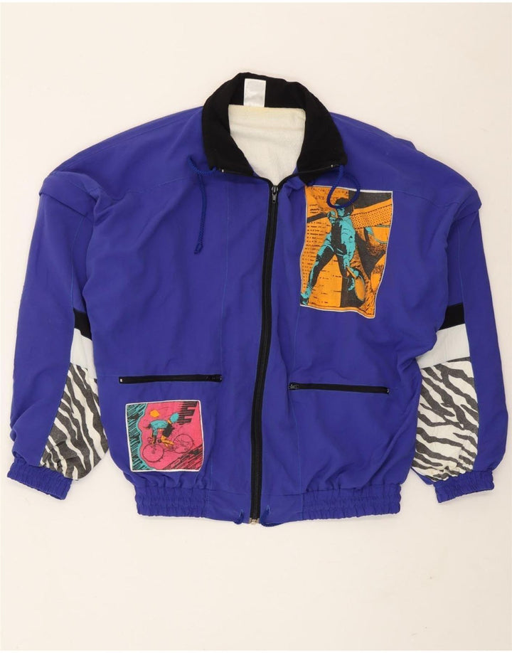 Vintage hombres gráfico chándal top chaqueta medio azul patchwork poliamida