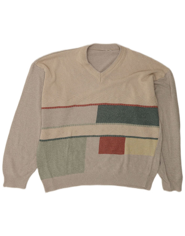 Vintage hombres V-cuello jumper suéter IT 58 2XL verde geométrico
