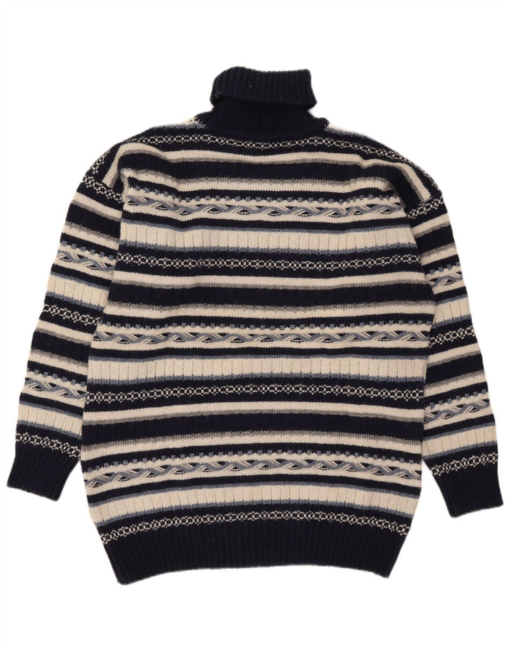 Vintage hombres rollo cuello jersey suéter medio azul marino rayas lana