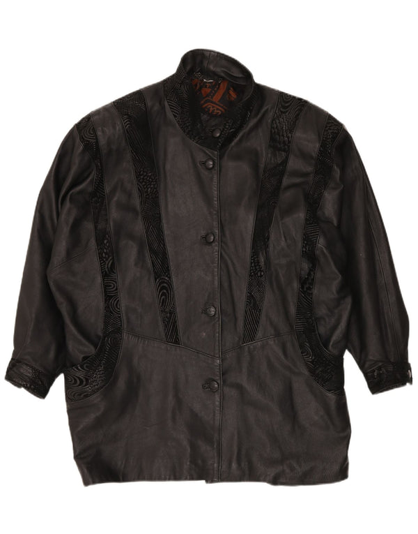 Vintage mujer abrigo de cuero de gran tamaño Reino Unido 20 2XL cuero patchwork negro