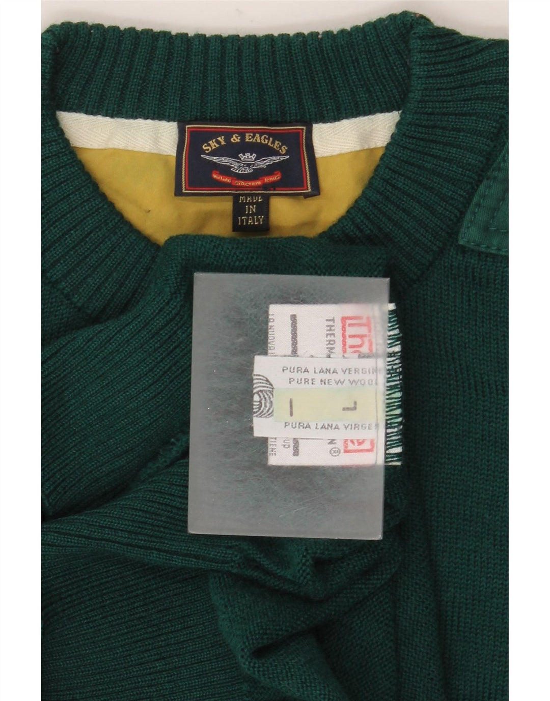 Vintage hombres cuello redondo jersey suéter grande verde lana virgen