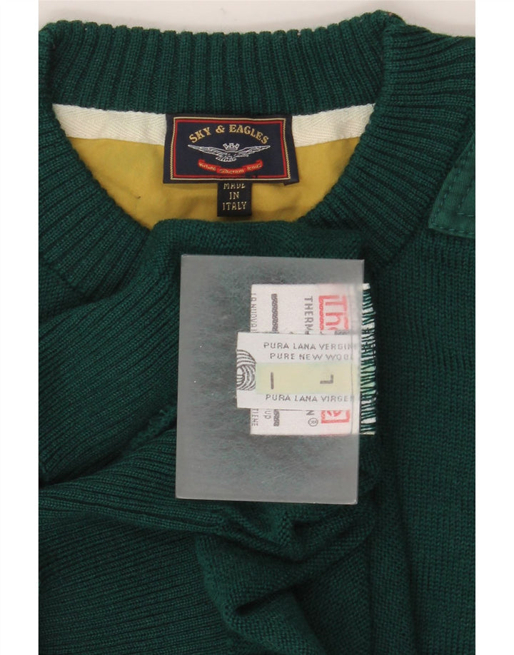 Vintage hombres cuello redondo jersey suéter grande verde lana virgen