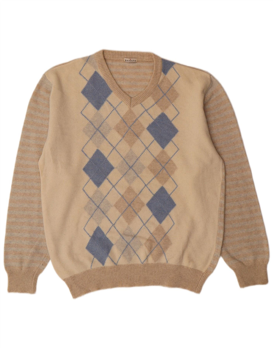 Vintage hombres V-cuello jumper suéter 2XL Beige Argyle/Diamond Lambswool