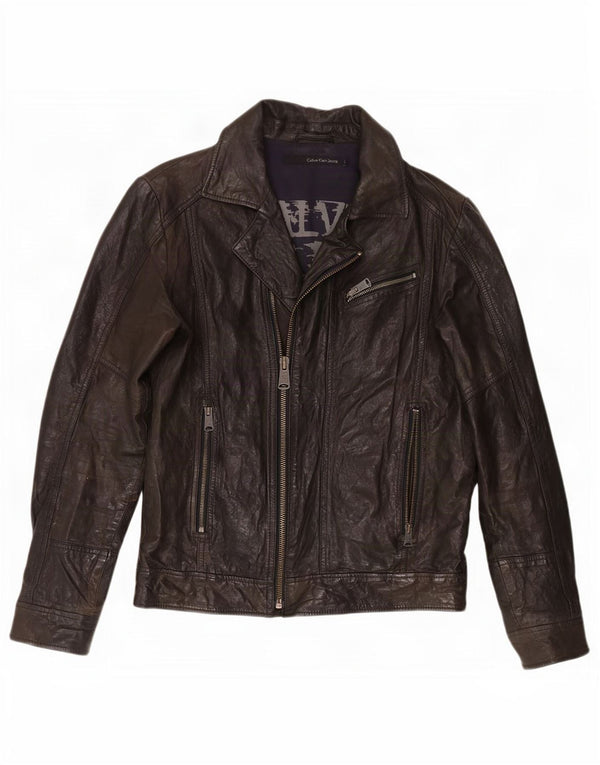 Calvin Klein Jeans Chaqueta motera de cuero para hombre Reino Unido 40 Grande Negro