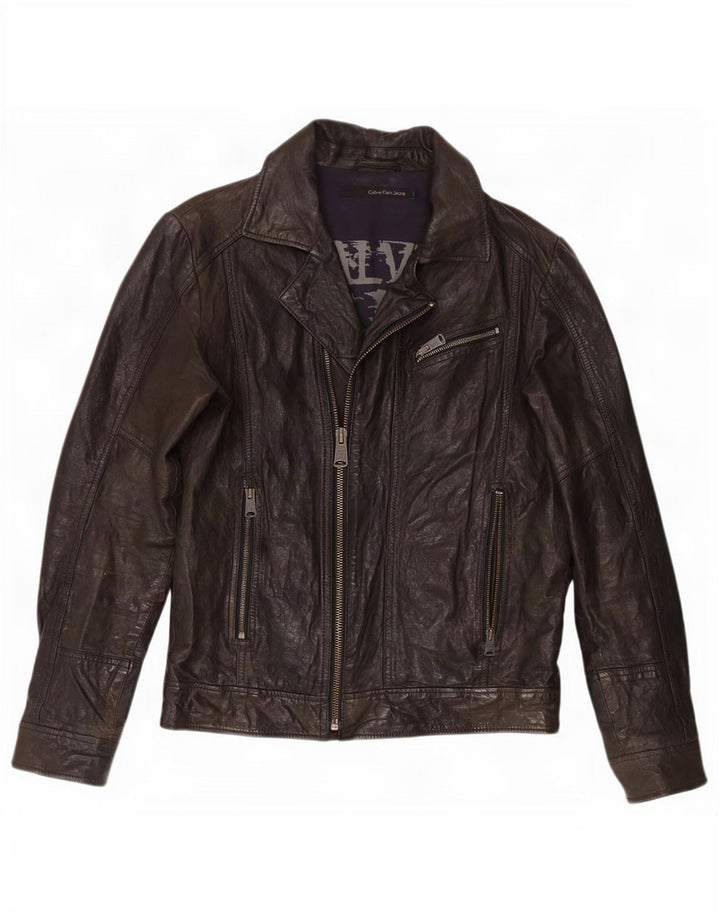 Calvin Klein Jeans Chaqueta motera de cuero para hombre Reino Unido 40 Grande Negro