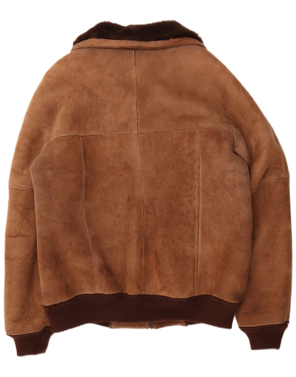 Chaqueta de piel de oveja vintage para hombre IT 52 XL Bloque de color marrón
