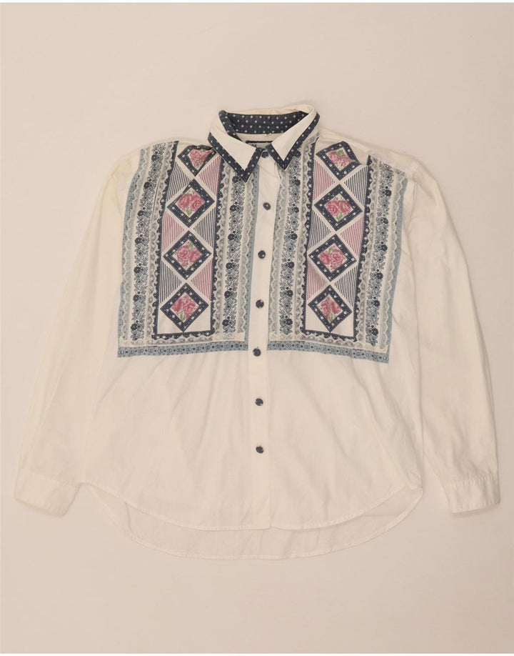 Vintage mujer camisa de gran tamaño blusa Reino Unido 14 algodón geométrico blanco medio