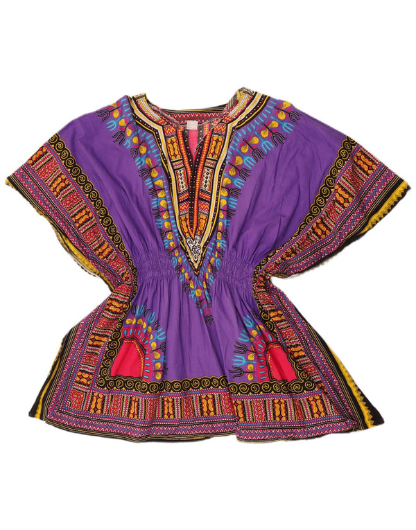 Vintage mujer playa blusa top un tamaño púrpura geométrico algodón