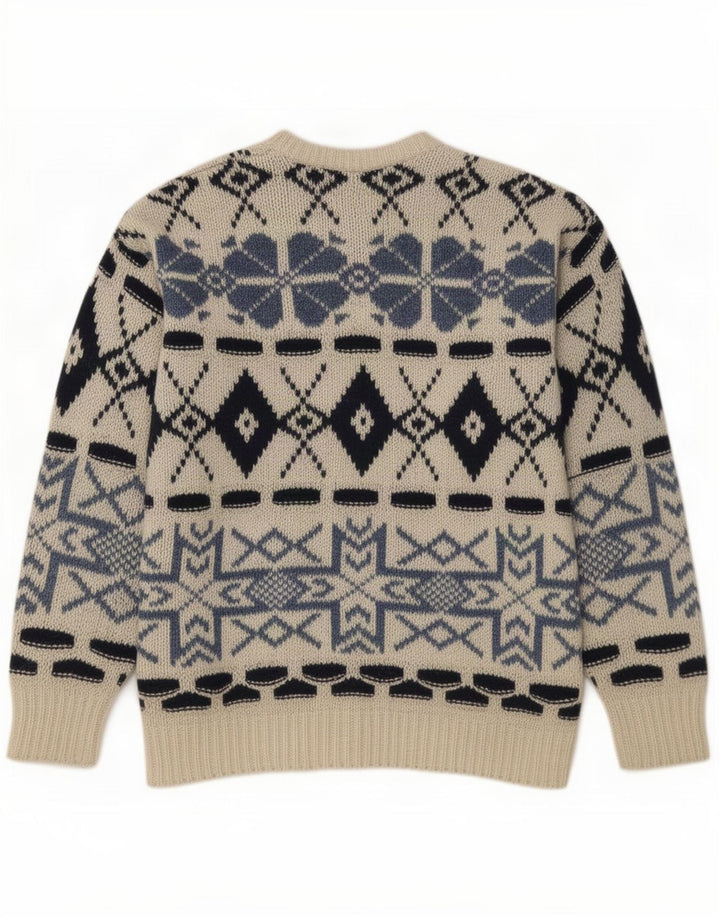 Shetland Jersey de cuello redondo para hombre, talla grande, color blanco roto, Fair Isle