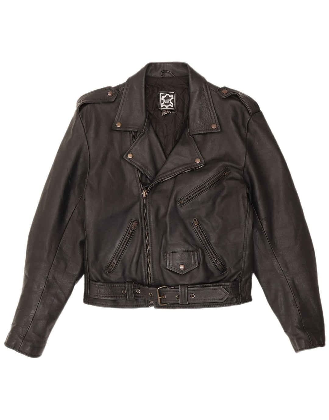 Vintage hombres militar cuero biker chaqueta IT 50 medio negro