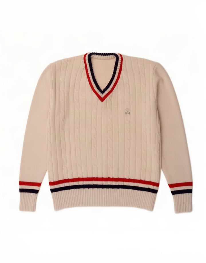 Trigema Jersey con cuello en V para hombre, talla grande, color blanco, a rayas