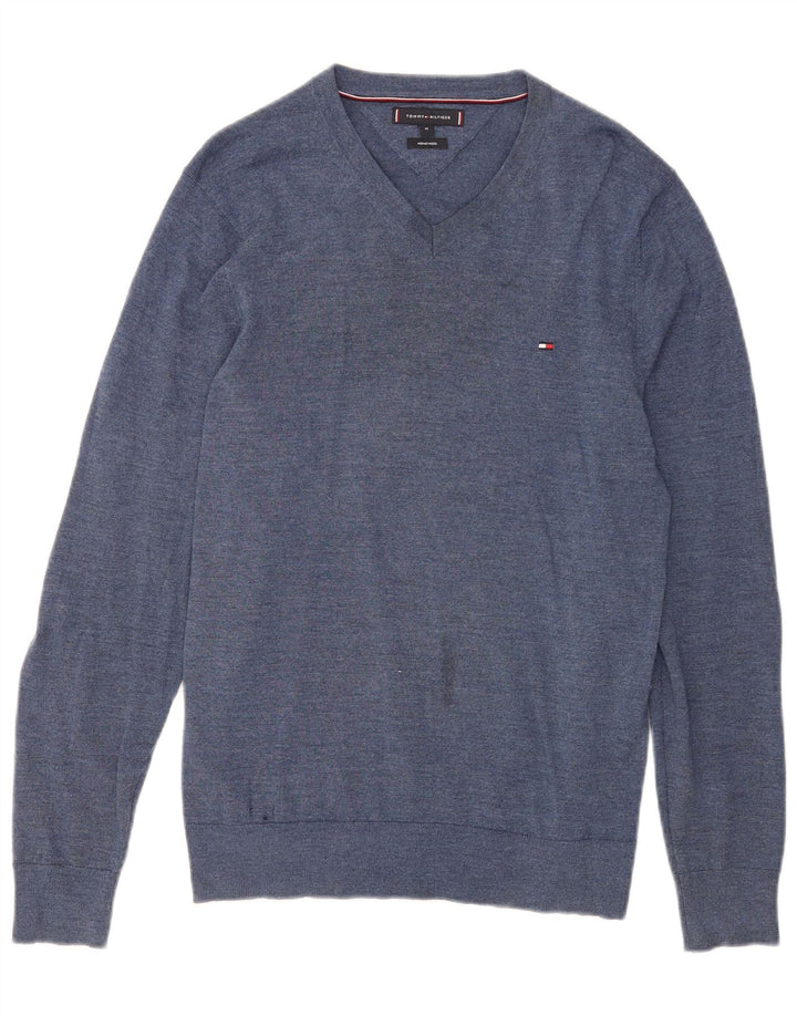Tommy Hilfiger Jersey con Cuello en V para Hombre de Lana Merino Azul Medio