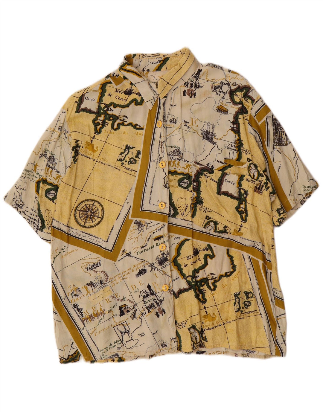 Vintage mujer manga corta patrón abstracto camisa Reino Unido 14 amarillo grande
