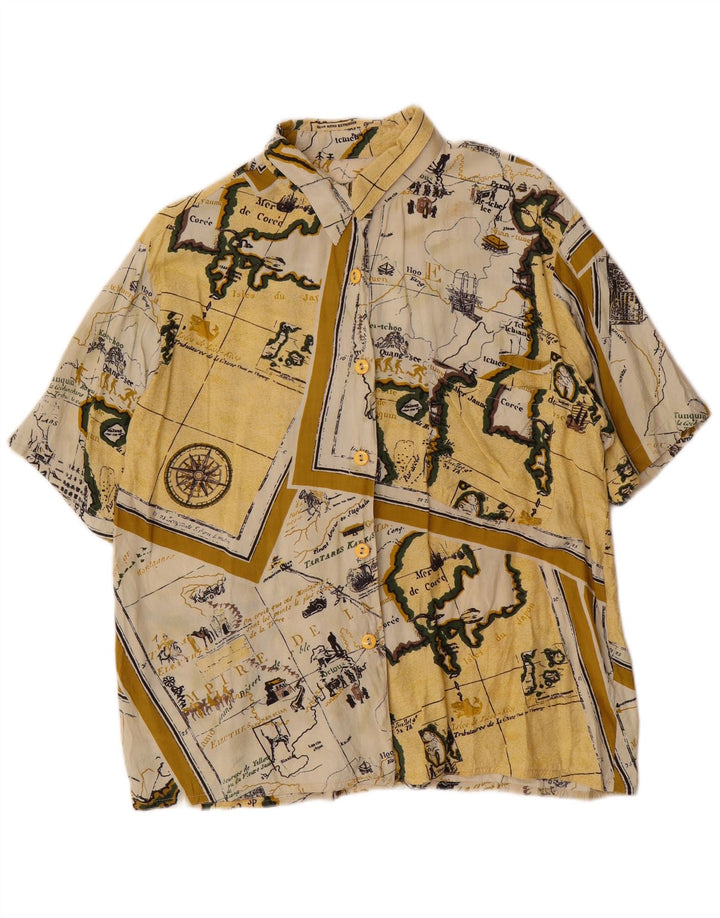 Vintage mujer manga corta patrón abstracto camisa Reino Unido 14 amarillo grande