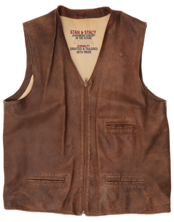 Vintage hombres cuero Gilet Reino Unido 42 XL cuero marrón