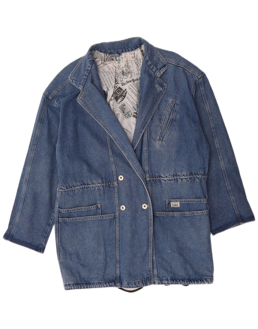 Vintage mujer longline doble pecho Blazer chaqueta Reino Unido 16 azul grande