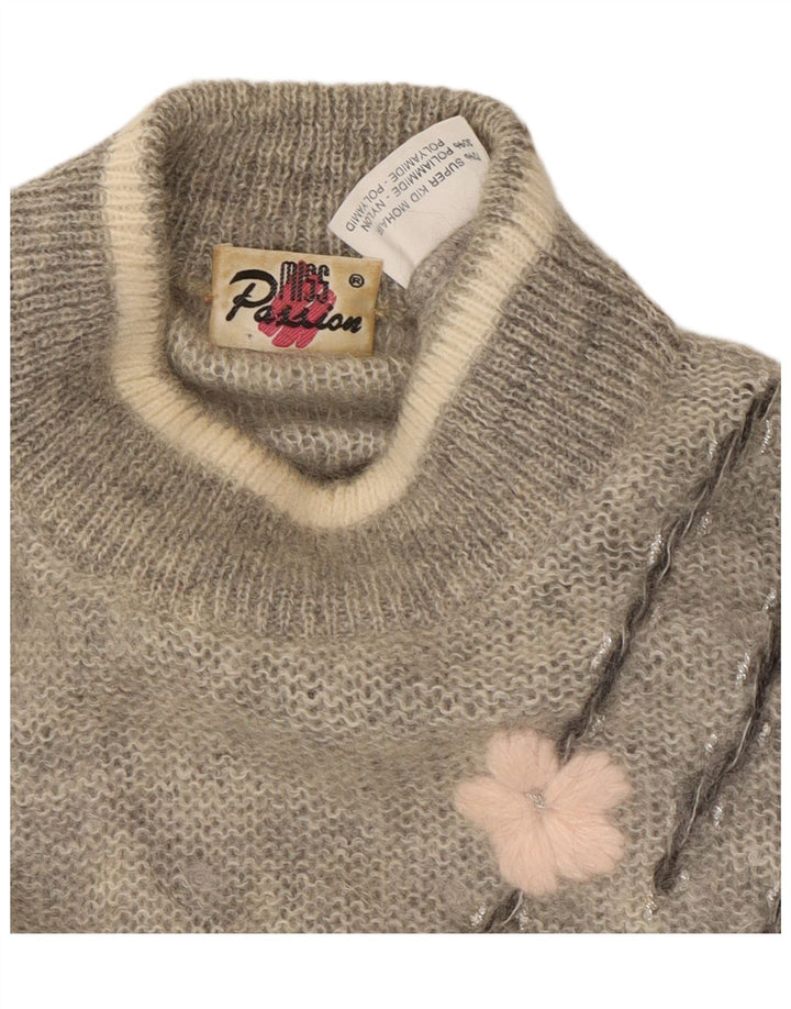 VINTAGE Mujer Cuello Tortuga Jersey Jersey Reino Unido 18 XL Gris Floral Mohair