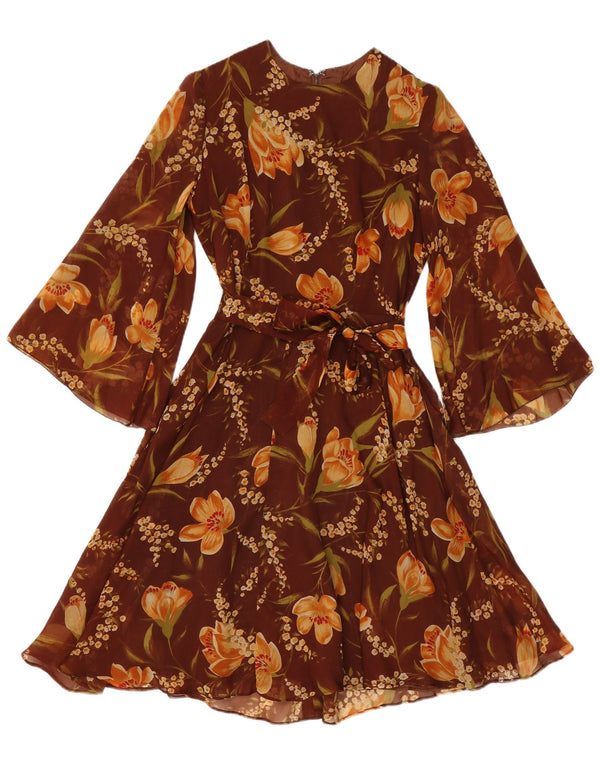 Vintage mujer 3/4 manga A-Line vestido Reino Unido 12 marrón medio floral