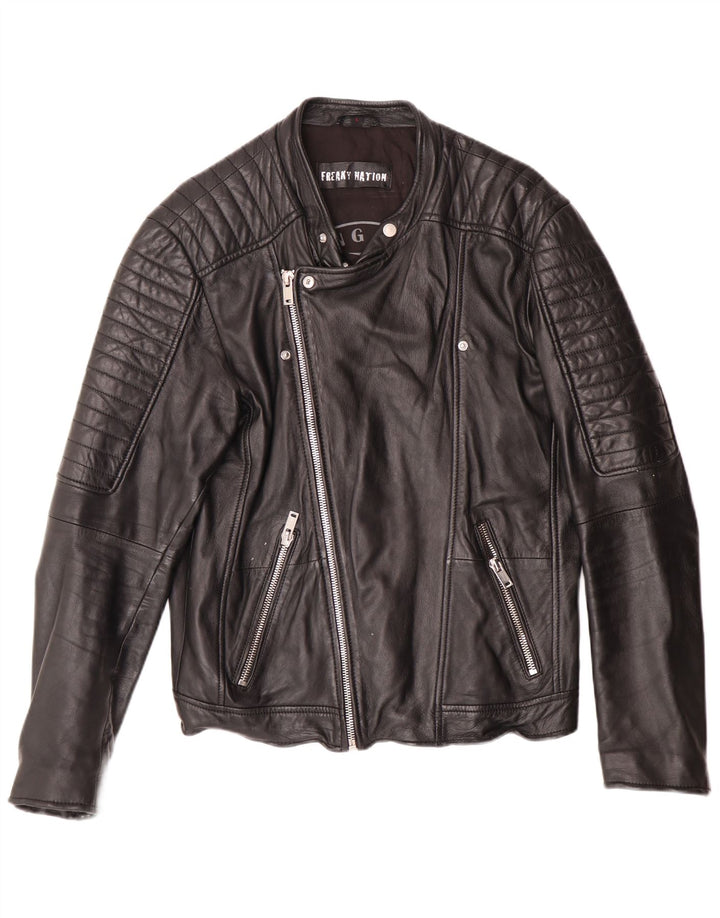 Freaky Nation Chaqueta motera de cuero para hombre UK 38 Medium Black Leather