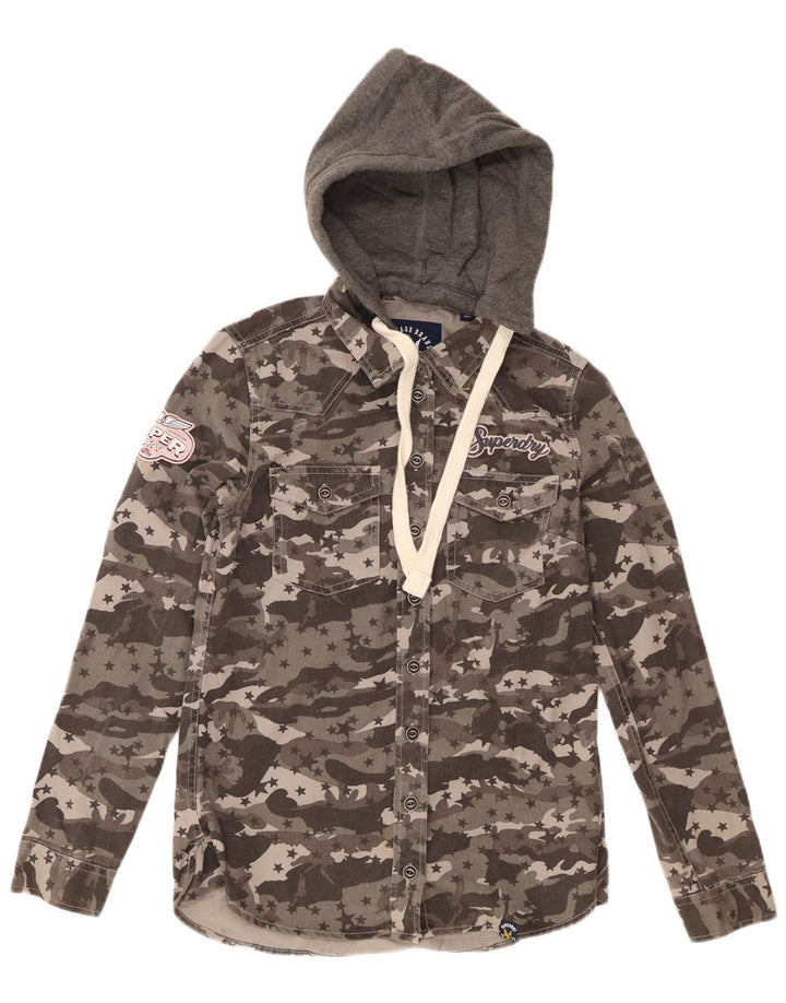 Superdry Camisa Vaquera Con Capucha Gráfica Para Mujer UK 8 Small Gris Camuflaje