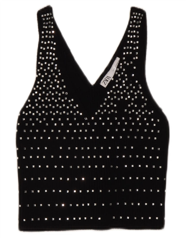 Zara Top corto sin mangas para mujer UK 42 Medium Black Spotted