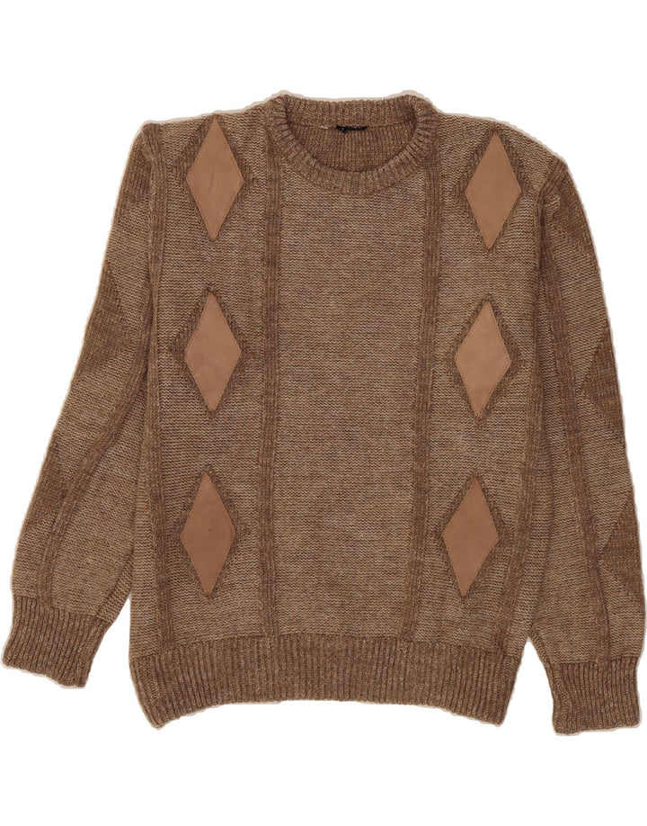 VINTAGE Mens Crew Neck Jumper Sweater Medium Brown Argyle/Diamond Wool Vintage Vintage and Second-Hand Vintage from Messina Hembry 