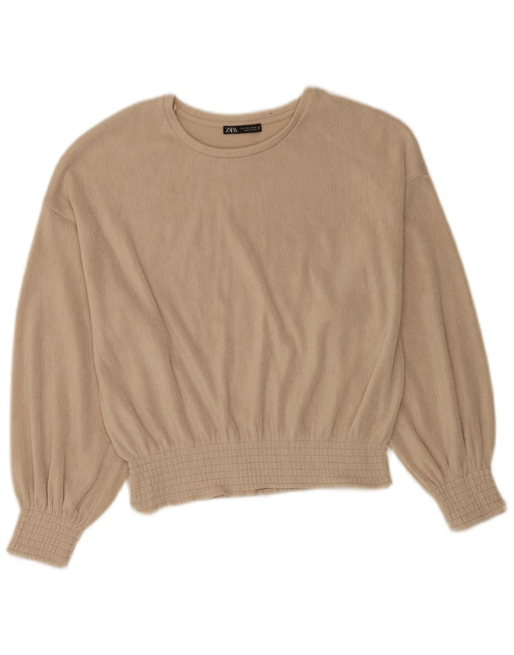 Zara Blusa extragrande de manga larga para mujer Top UK 10 Small Beige Poliéster