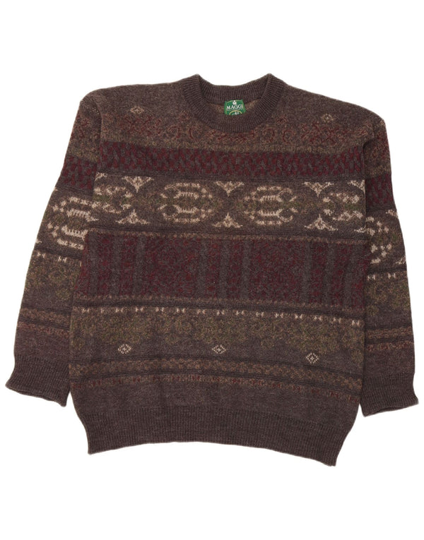 Vintage hombres cuello redondo jersey suéter grande gris feria isla lana