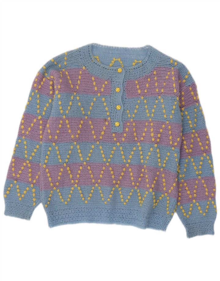 VINTAGE suéter de cuello de botón para mujer Reino Unido 12 rayas azules medianas
