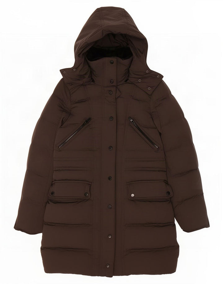 Zara Mujer Abrigo Acolchado Con Capucha UK 40 Pequeño Poliéster Gris